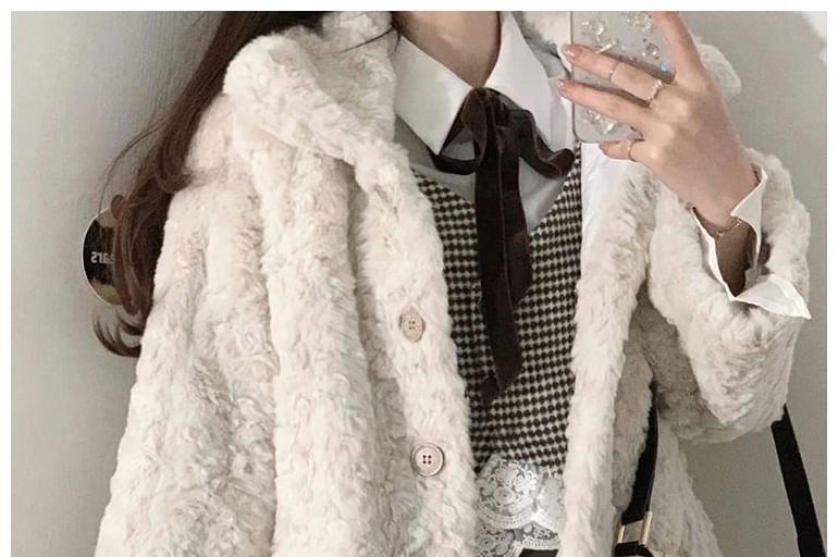 Collared Plain Faux Fur Button Jacket