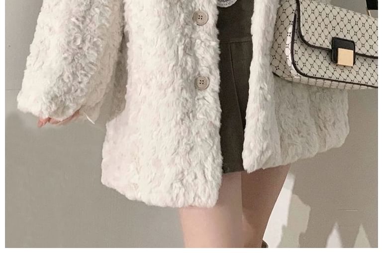 Collared Plain Faux Fur Button Jacket