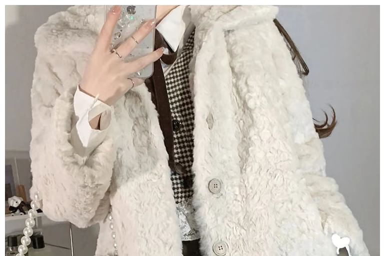 Collared Plain Faux Fur Button Jacket