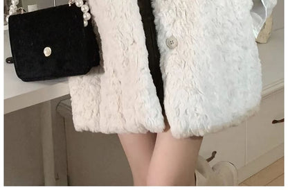Collared Plain Faux Fur Button Jacket