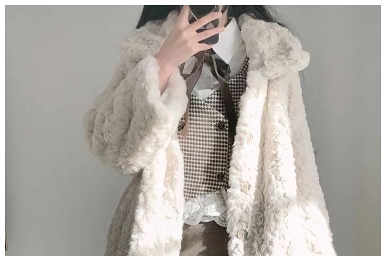 Collared Plain Faux Fur Button Jacket
