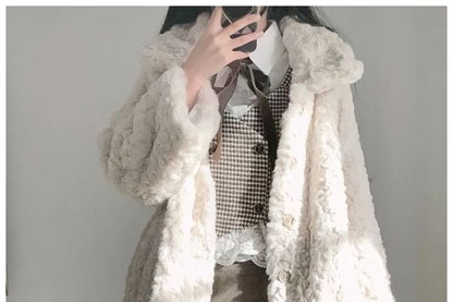 Collared Plain Faux Fur Button Jacket