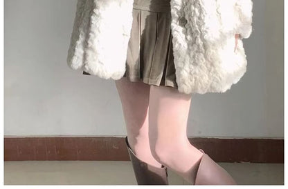 Collared Plain Faux Fur Button Jacket