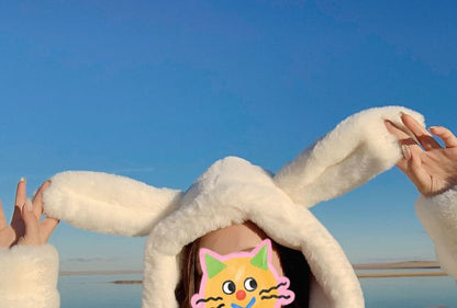 Plain Rabbit Ear Hood Fluffy Zip Jacket
