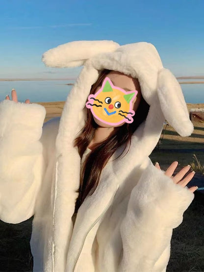 Plain Rabbit Ear Hood Fluffy Zip Jacket