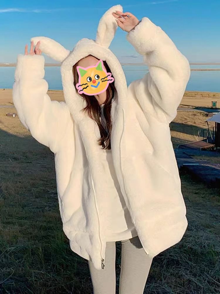 Plain Rabbit Ear Hood Fluffy Zip Jacket