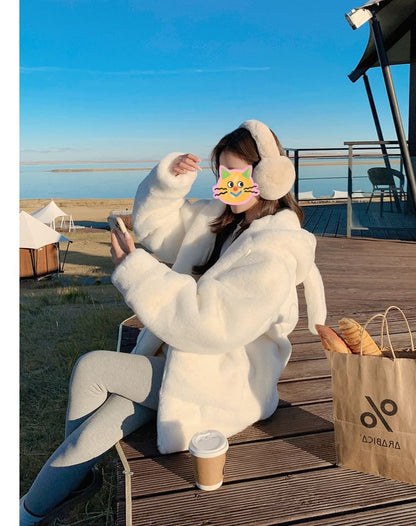 Plain Rabbit Ear Hood Fluffy Zip Jacket