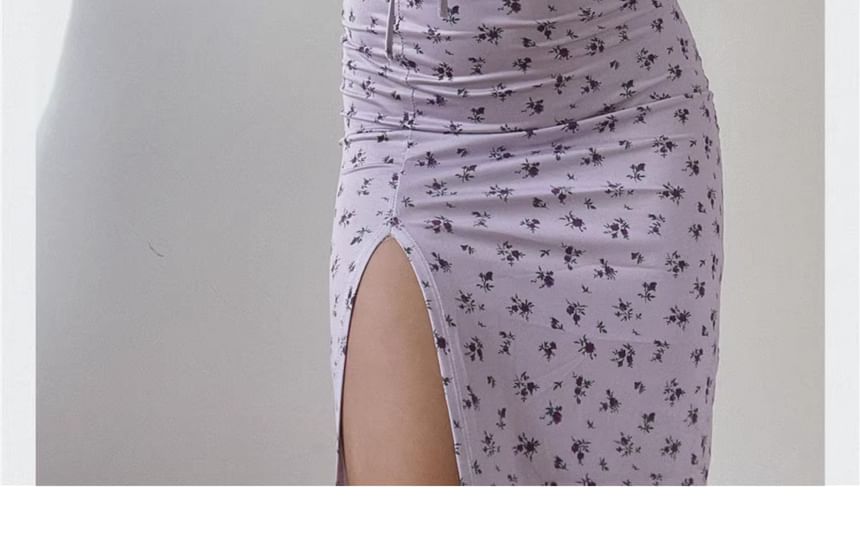 Ruched Spaghetti Scoop Print Strap Dress Floral Neck Midi Bodycon