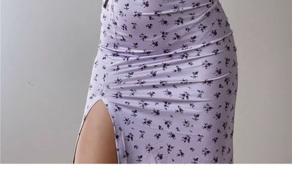 Ruched Spaghetti Scoop Print Strap Dress Floral Neck Midi Bodycon