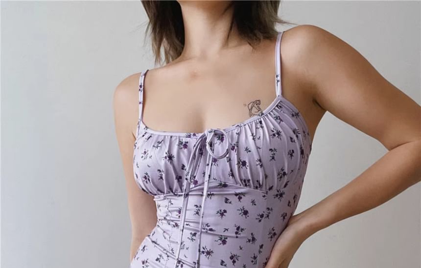 Spaghetti Strap Scoop Neck  Floral Print Ruched Midi  Bodycon Dress