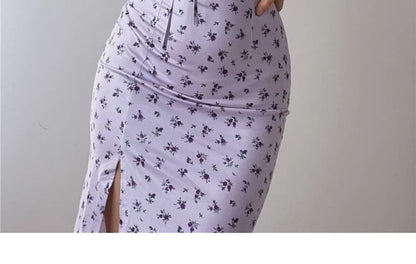 Ruched Spaghetti Scoop Print Strap Dress Floral Neck Midi Bodycon