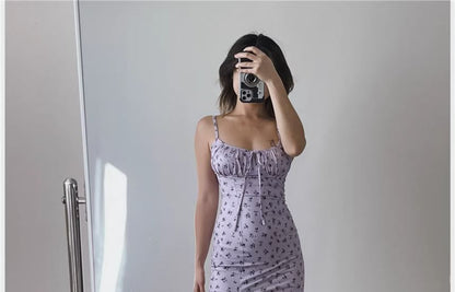 Spaghetti Strap Scoop Neck  Floral Print Ruched Midi  Bodycon Dress