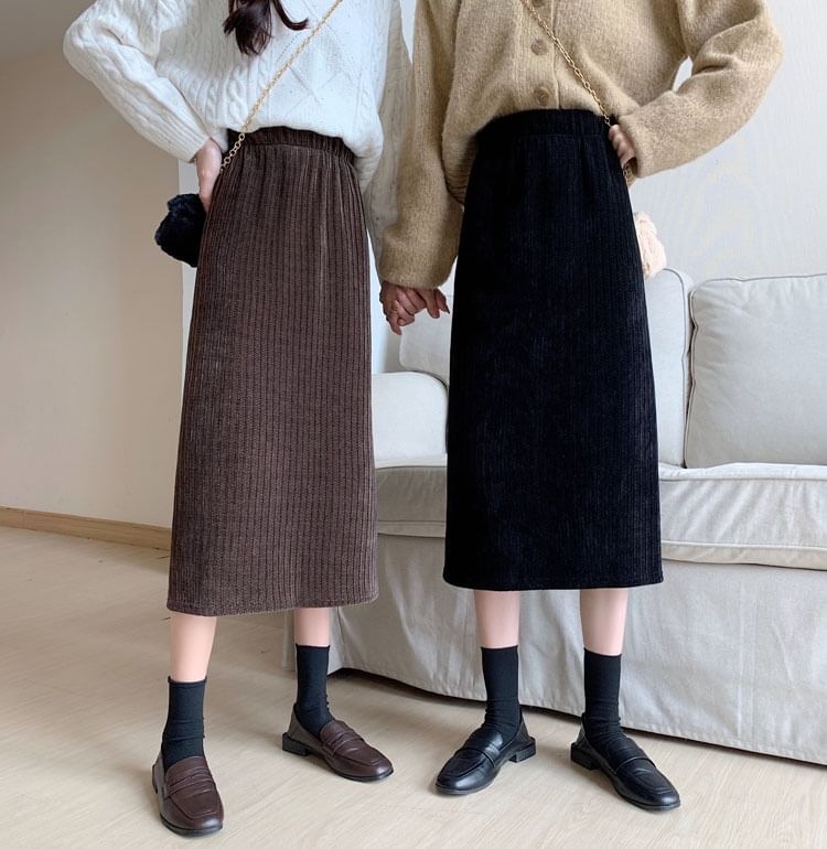 High Waist Corduroy Midi A-Line Skirt