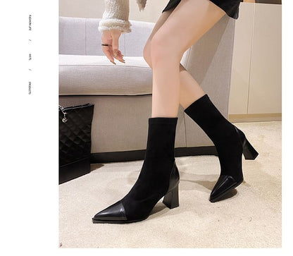 Block Heel Pointy Mid Calf Boots