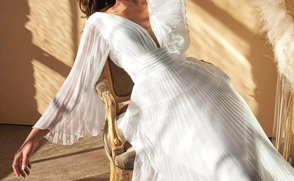 Pleated Long Sleeve A-Line Maxi Dress