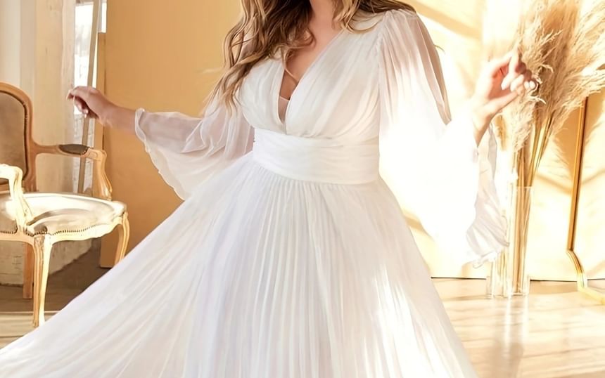 Pleated Long Sleeve A-Line Maxi Dress