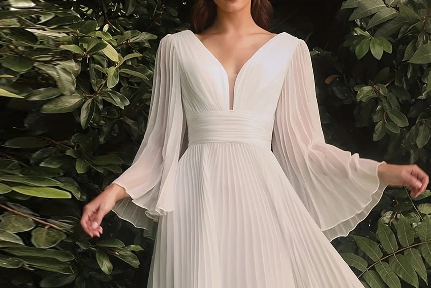 Pleated Long Sleeve A-Line Maxi Dress
