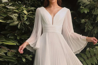 Pleated Long Sleeve A-Line Maxi Dress