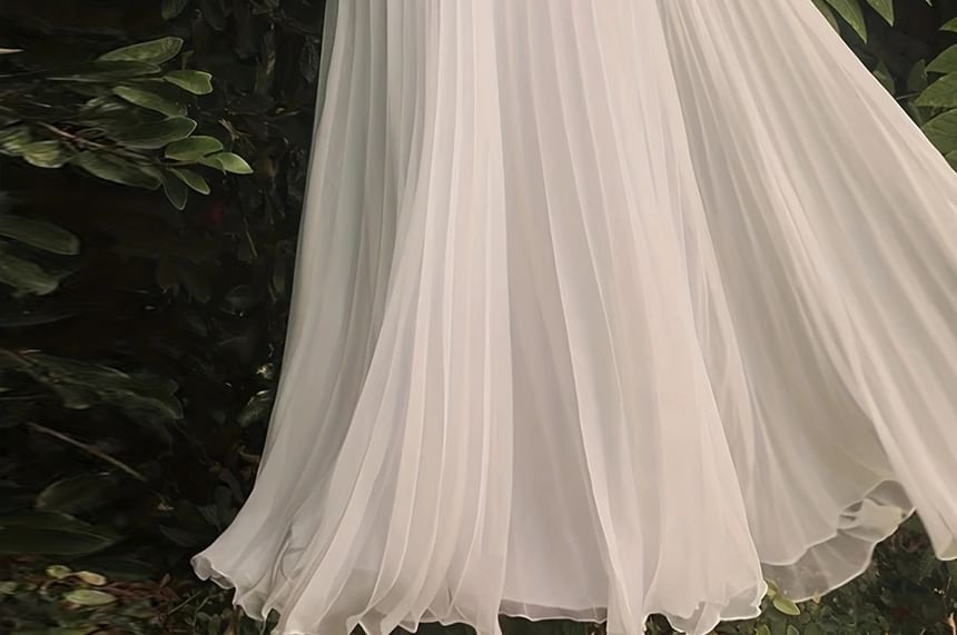 Pleated Long Sleeve A-Line Maxi Dress