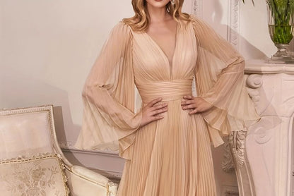 Pleated Long Sleeve A-Line Maxi Dress