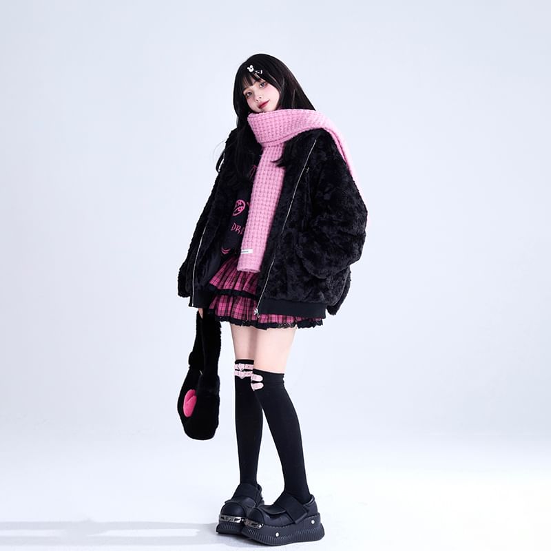 Plain Rabbit Ear Accent Hooded Chained Fluffy Zip-Up Jacket