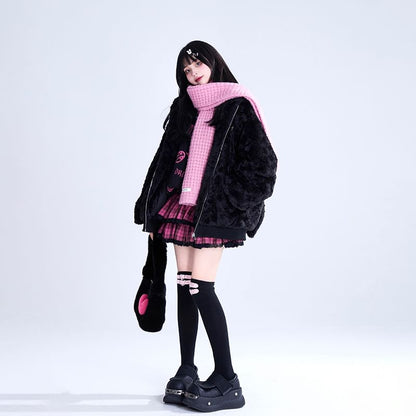 Plain Rabbit Ear Accent Hooded Chained Fluffy Zip-Up Jacket