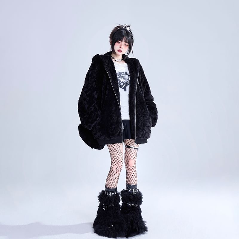 Plain Rabbit Ear Accent Hooded Chained Fluffy Zip-Up Jacket