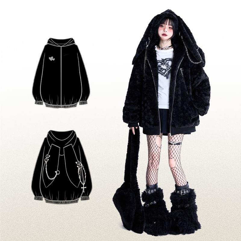 Plain Rabbit Ear Accent Hooded Chained Fluffy Zip-Up Jacket