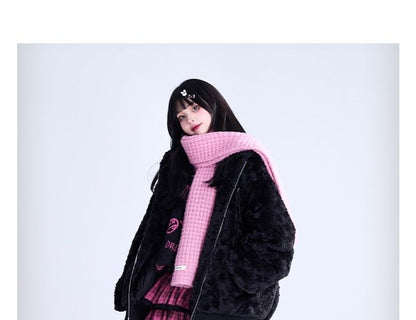 Plain Rabbit Ear Accent Hooded Chained Fluffy Zip-Up Jacket