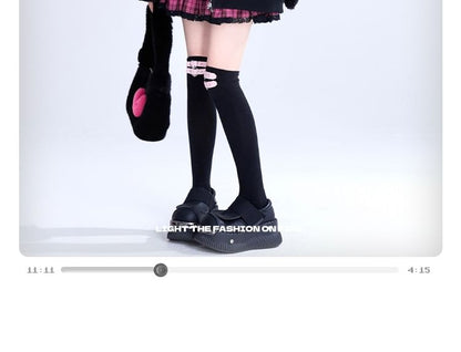 Plain Rabbit Ear Accent Hooded Chained Fluffy Zip-Up Jacket