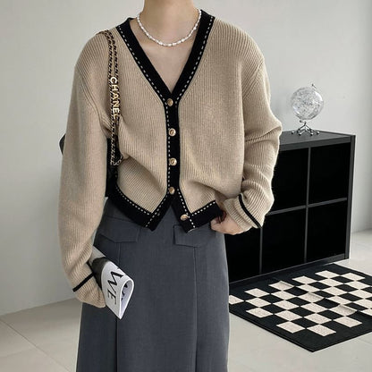 V-Neck Plain Contrast Trim Cardigan