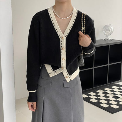 V-Neck Plain Contrast Trim Cardigan