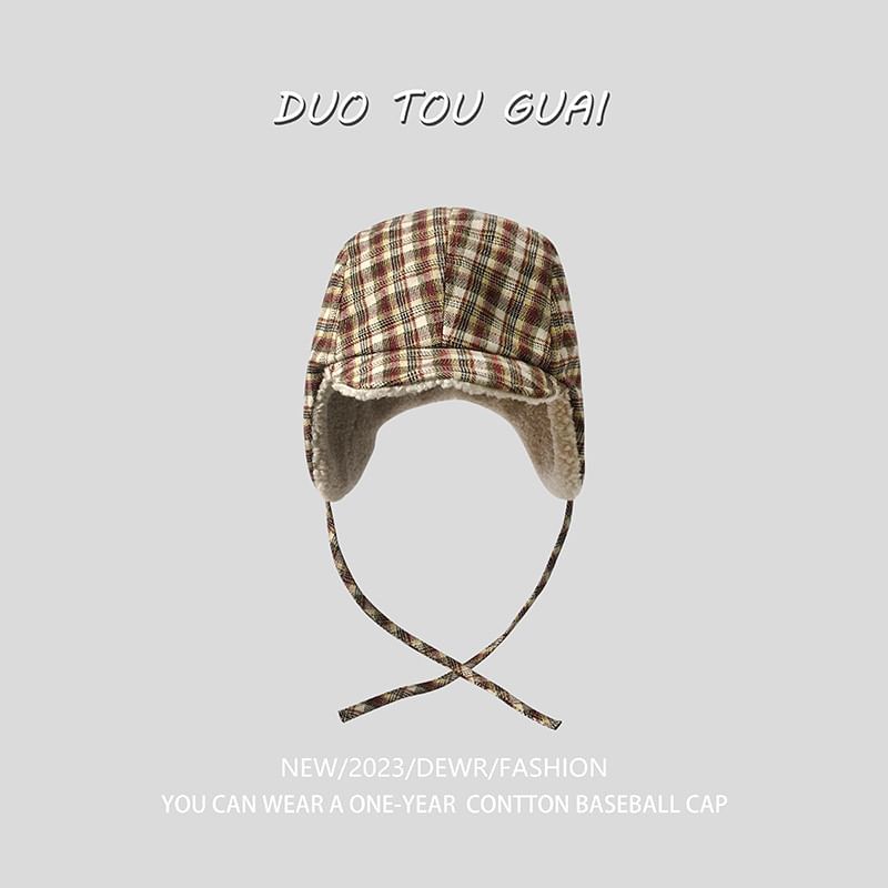 Plaid Fleece Lined Trapper Hat
