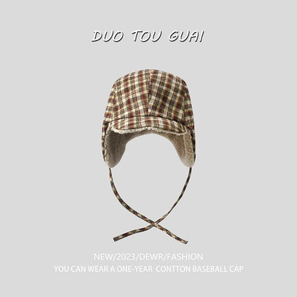 Plaid Fleece Lined Trapper Hat