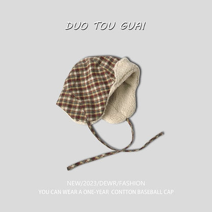 Plaid Fleece Lined Trapper Hat