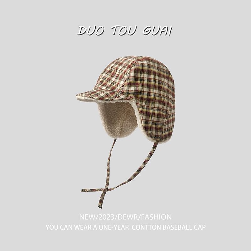 Plaid Fleece Lined Trapper Hat
