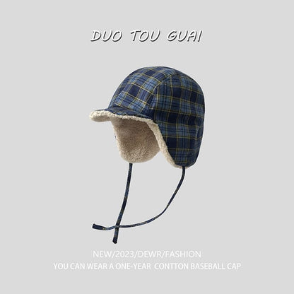 Plaid Fleece Lined Trapper Hat