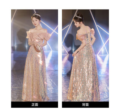 Short-Sleeve Off Shoulder Bow Sequin Panel A-Line Evening Gown