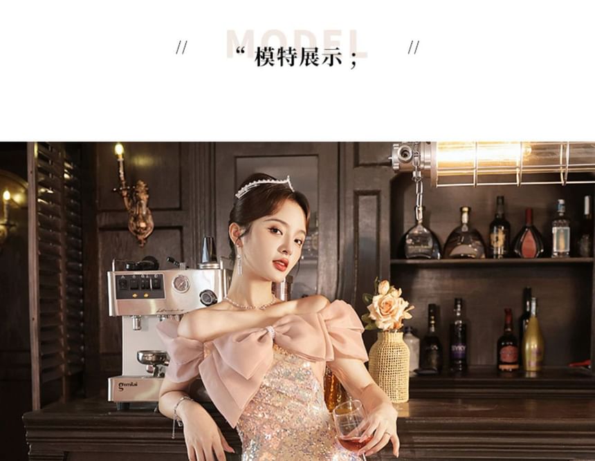 Short-Sleeve Off Shoulder Bow Sequin Panel A-Line Evening Gown