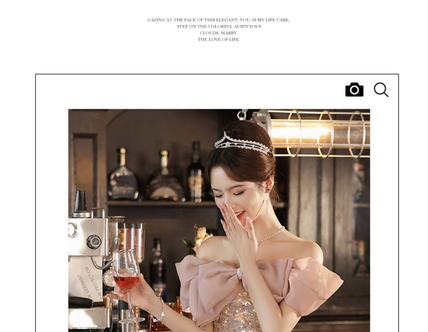 Short-Sleeve Off Shoulder Bow Sequin Panel A-Line Evening Gown