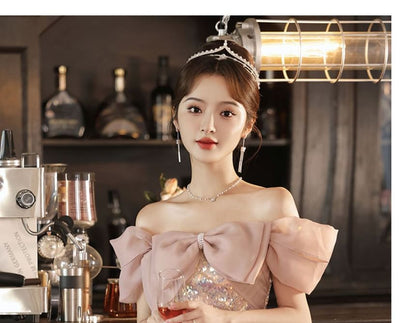 Short-Sleeve Off Shoulder Bow Sequin Panel A-Line Evening Gown