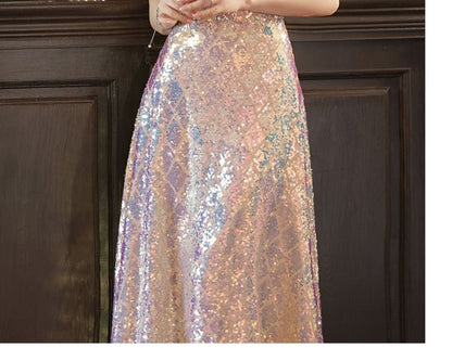 Short-Sleeve Off Shoulder Bow Sequin Panel A-Line Evening Gown