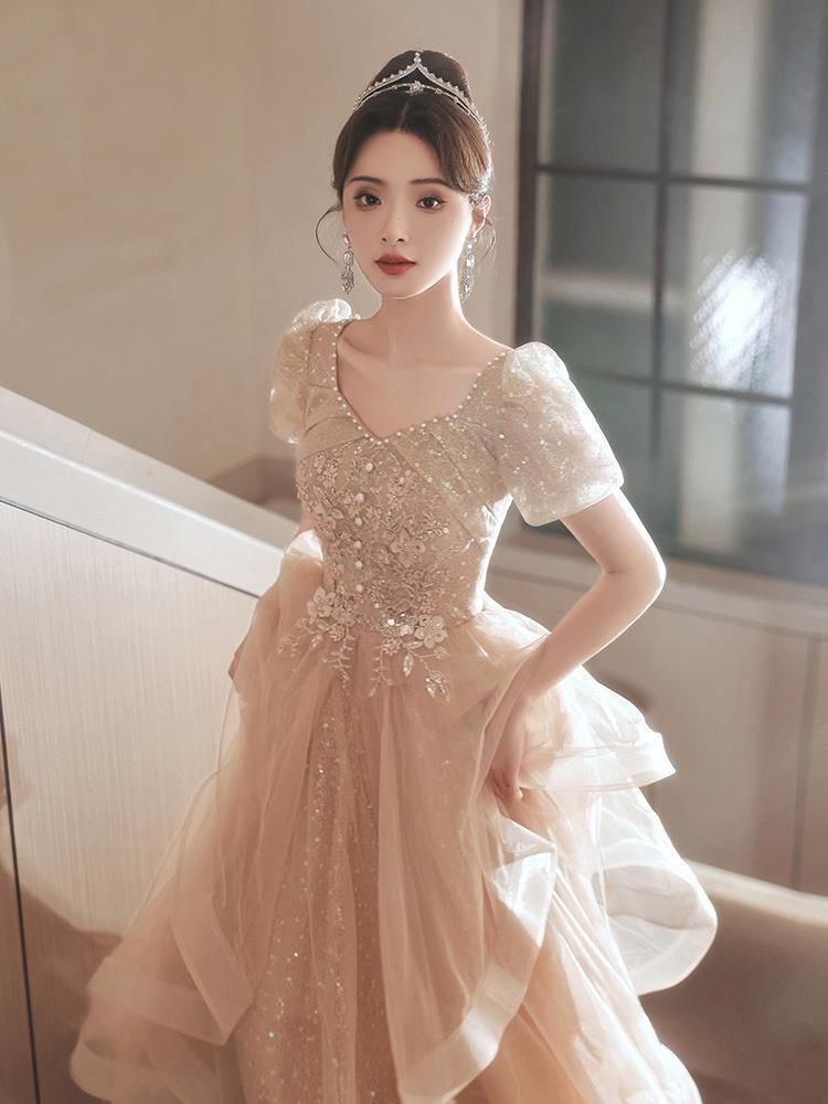 Short-Sleeve V-Neck Floral Embroidered Faux Pearl Sequin Ruffle Mesh A-Line Evening Gown