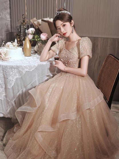 Short-Sleeve V-Neck Floral Embroidered Faux Pearl Sequin Ruffle Mesh A-Line Evening Gown
