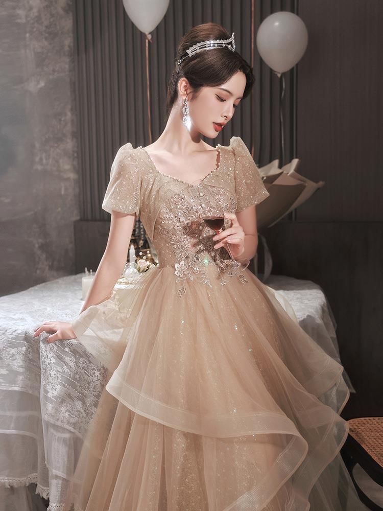 Short-Sleeve V-Neck Floral Embroidered Faux Pearl Sequin Ruffle Mesh A-Line Evening Gown