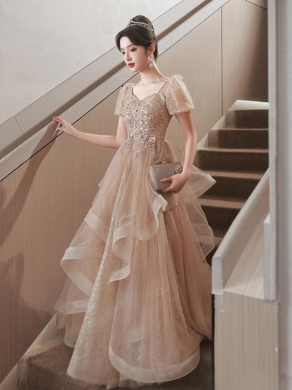 Short-Sleeve V-Neck Floral Embroidered Faux Pearl Sequin Ruffle Mesh A-Line Evening Gown