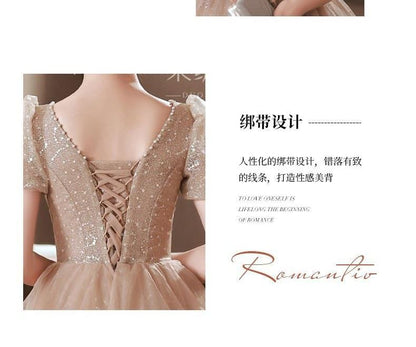 Short-Sleeve V-Neck Floral Embroidered Faux Pearl Sequin Ruffle Mesh A-Line Evening Gown