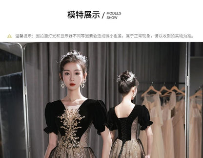 Short-Sleeve Floral Embroidered Velvet Panel Mesh A-Line Evening Gown