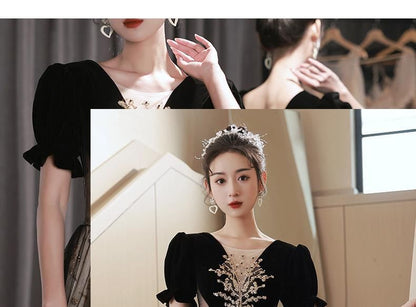 Short-Sleeve Floral Embroidered Velvet Panel Mesh A-Line Evening Gown