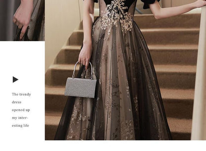 Short-Sleeve Floral Embroidered Velvet Panel Mesh A-Line Evening Gown